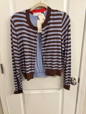 Evereve Brown and Light Blue Striped Button Cardigan